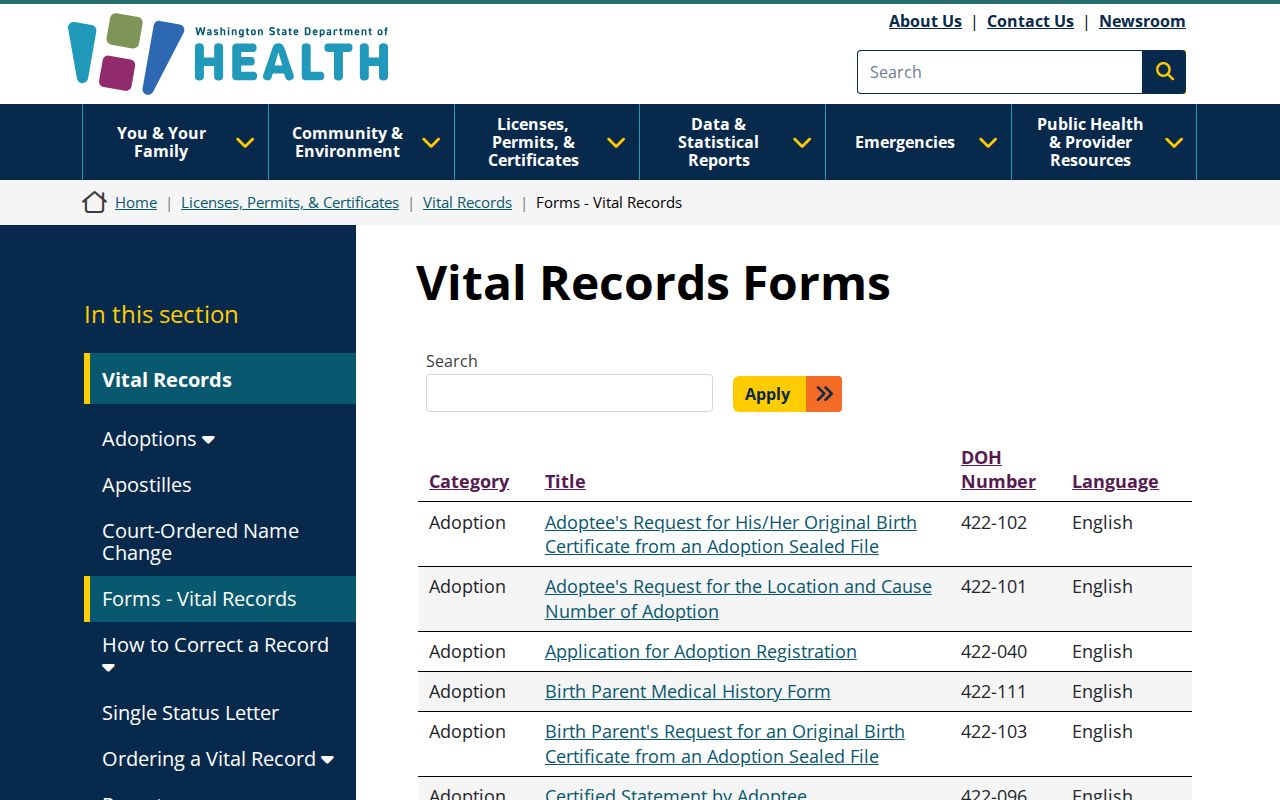 Silver Firs public records access through Washington vital record forms